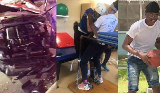 Three photos: aftermath of car crash, teen in rehabilitation, teen playing basketball.