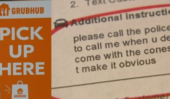(R) GrubHub "pick up here" logo; (L) GrubHub receipt with customer's additional instructions.