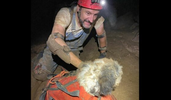 One of the spelunkers transporting the missing dog through the cave in a duffle bag.