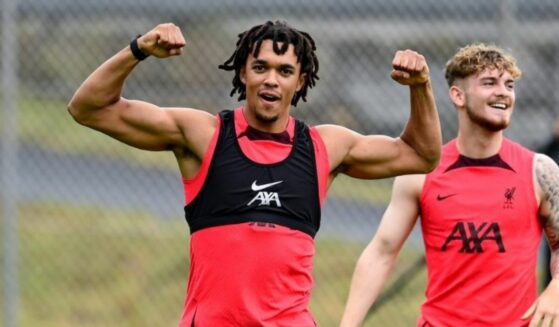 Trent Alexander-Arnold flexing at soccer practice.