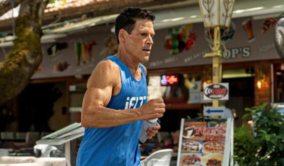 Photo of Dean Karnazes running through Spetses, Greece.