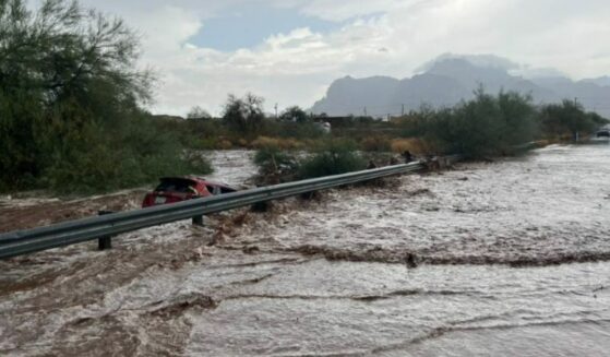 The car that was swept down the Weekes Wash during a flashflood in Arizona with a lady and her dog trapped inside.