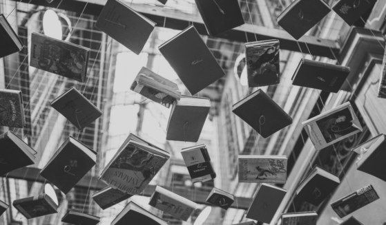 Grayscale photo of hanging books from the Navigating the Gray Areas Article on Liftable.com