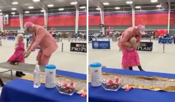Little girl with autism shows her stuffed puppy to the judge at a dog show, then gives him a hug