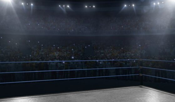 Professional wrestling and boxing ring in 3D with tribune, fans and rays of light